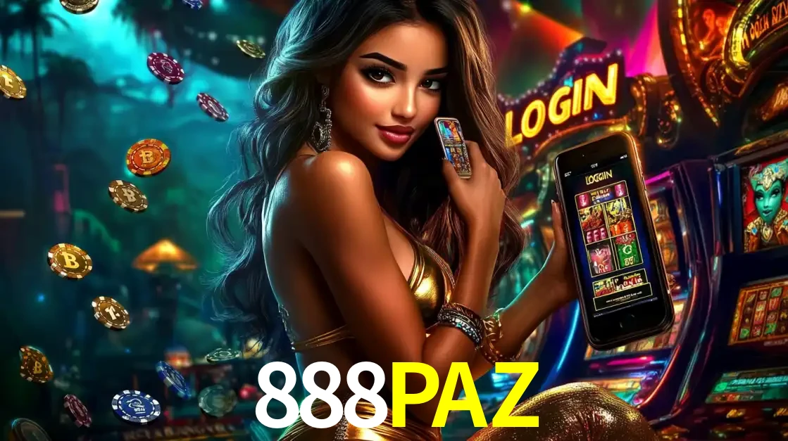 Mulher em um cenário de cassino temático de aventura, mostrando o app de caça-níqueis da 888PAZ no celular. Fichas de apostas flutuam ao redor.