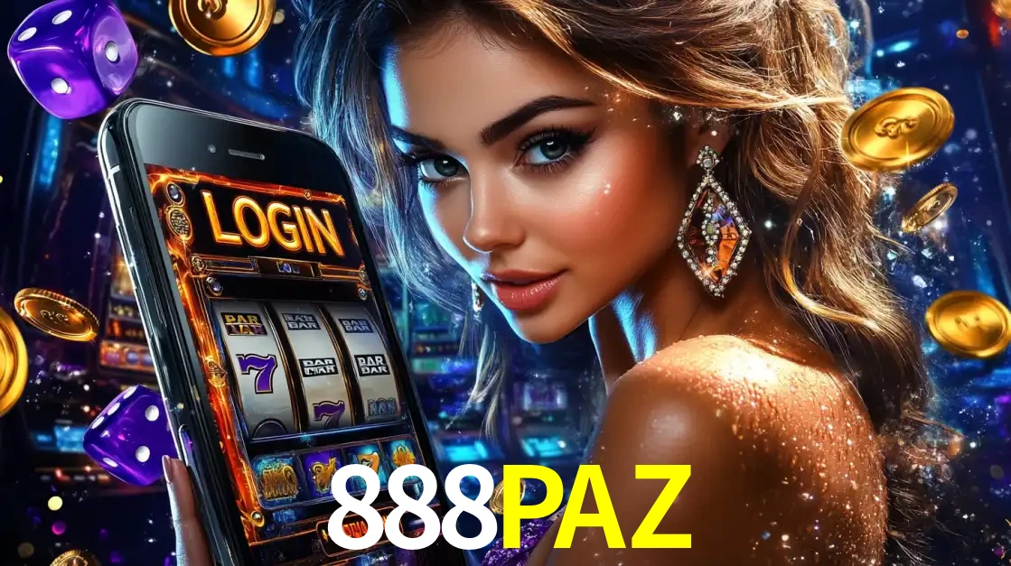 Mulher glamorosa segurando um smartphone com a tela de login para os jogos de caça-níqueis do cassino online 888PAZ, com moedas de ouro e dados ao redor.