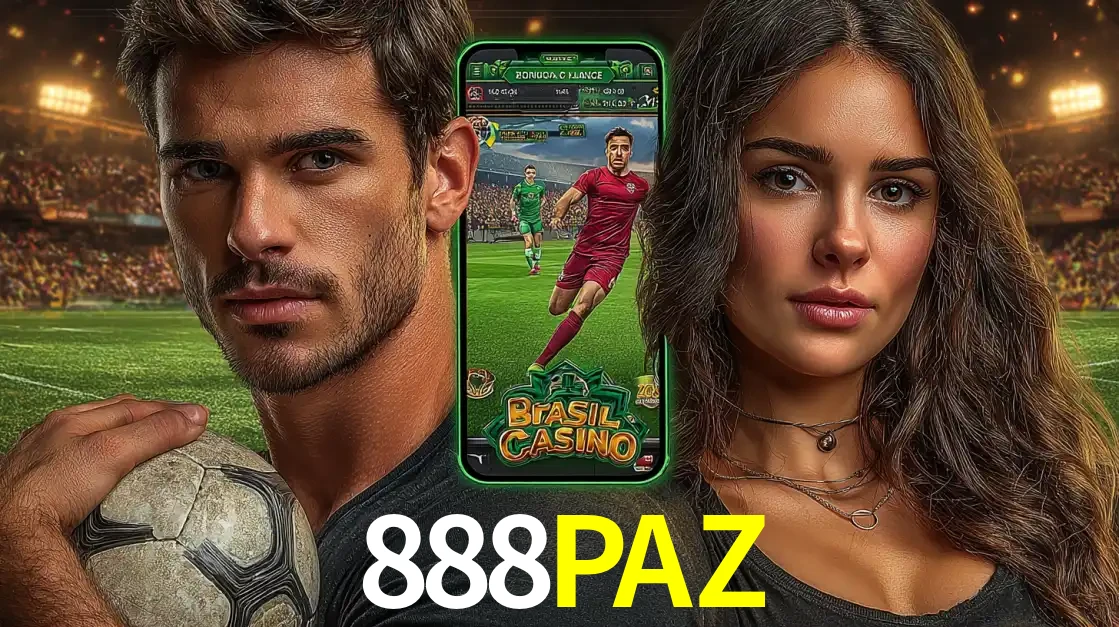 Homem segurando uma bola de futebol e uma mulher ao lado de um smartphone exibindo o jogo de apostas esportivas da 888PAZ. Faça seu palpite no cassino online.